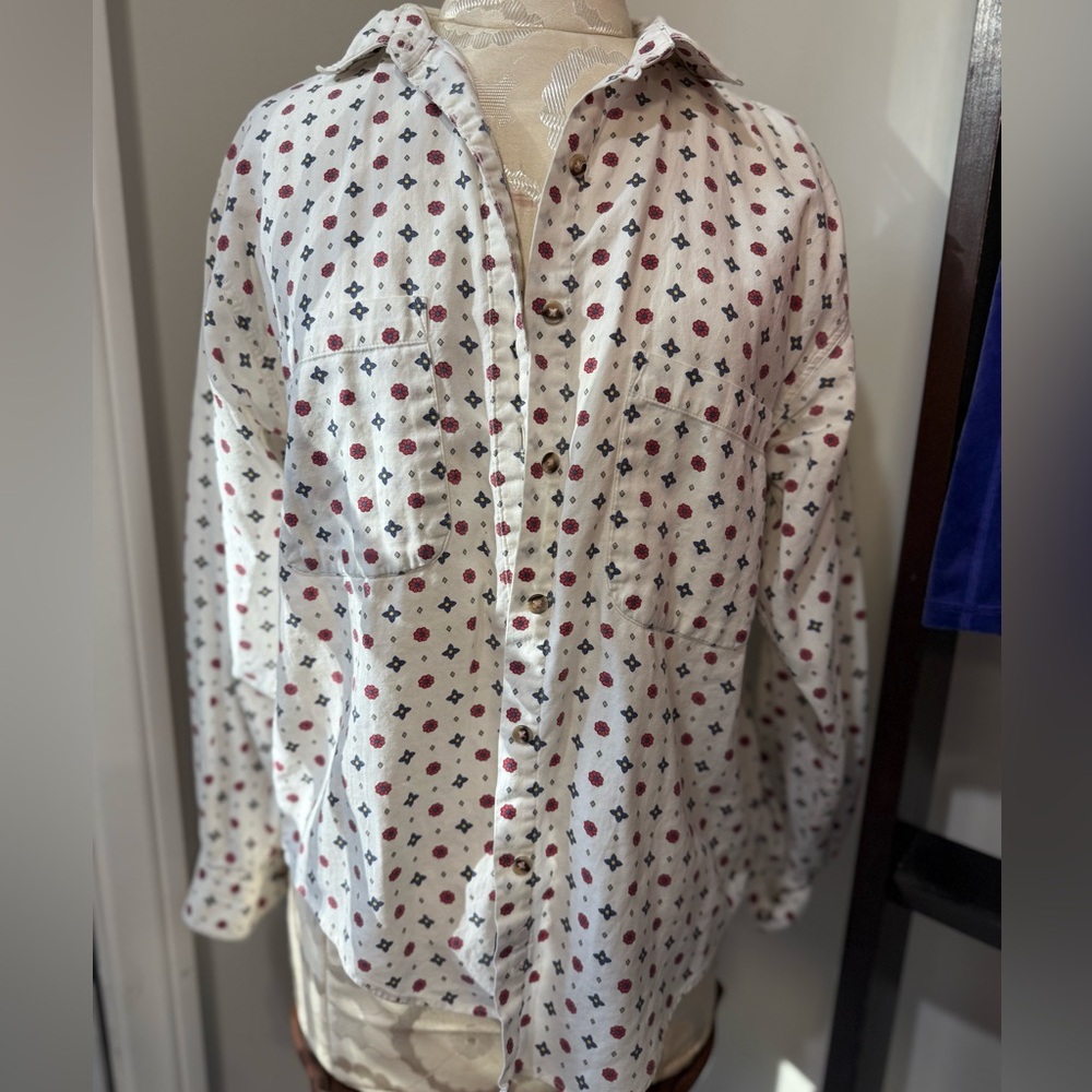 Eddie Bauer White Shirt with Red and Blue Floral Design